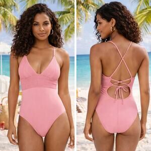 ROBIN PICCONE pink lace up back v neck one piece swimsuit women's size 14